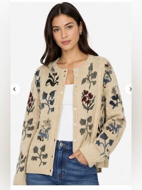 Talbots Vintage Floral Knit Cardigan XL Cottagecore Cream Button Front